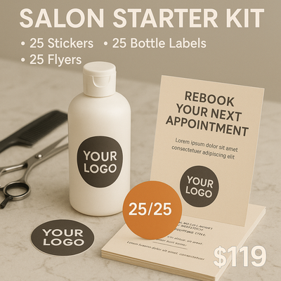 Salon Brand Kit — 25 Stickers + 25 Bottle Labels + 25 Flyers