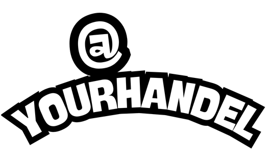 A black and white 8x2 inch social media handle decal featuring a customizable username, designed for visibility on car windows, laptops, and storefronts, showcasing weather-resistant vinyl that ensures durability and clean removal, perfect for promoting T