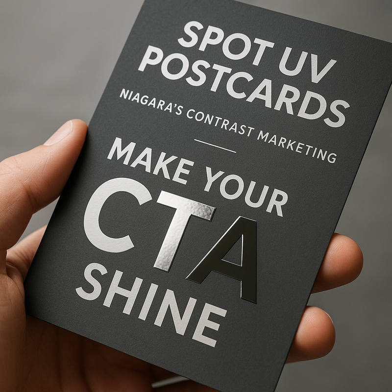 Spot UV Postcards (Matte) — logo/CTA gloss pop on matte stock Niagara Stands Out
