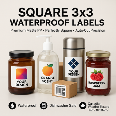 Square Waterproof Labels 3x3 Canada | Custom Color Auto-Cut Singles