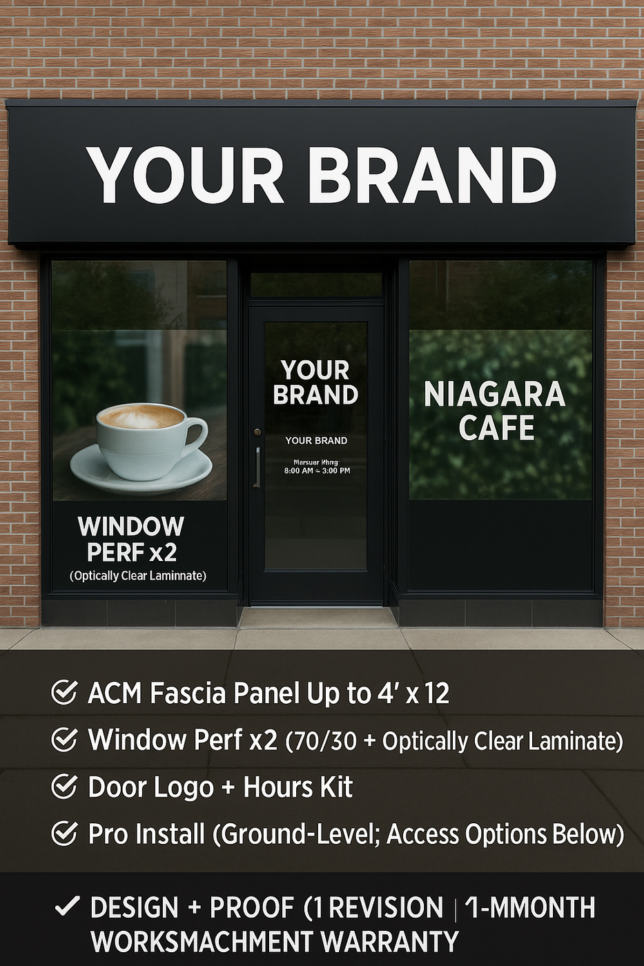 Storefront Refresh — ACM Fascia + Window Perf + Door Kit (Installed) Niagara Stands Out