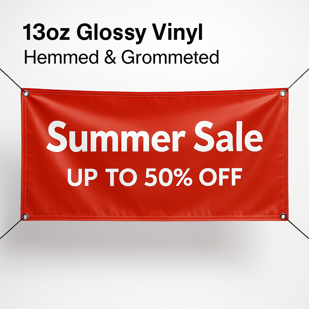 Large format vinyl banner display - hemmed edges with rust-proof grommets - weather resistant