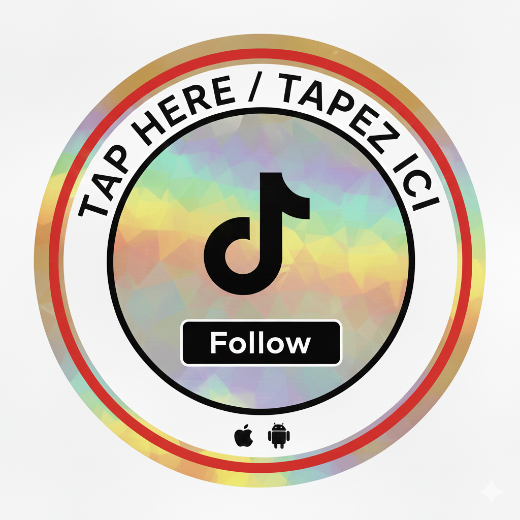 A compact, holographic NFC tap-to-review disc designed for bilingual use, featuring a shiny surface that reflects light, with clear "Tap Here" instructions, suitable for English and French-speaking customers, ideal for Canadian businesses to collect Googl