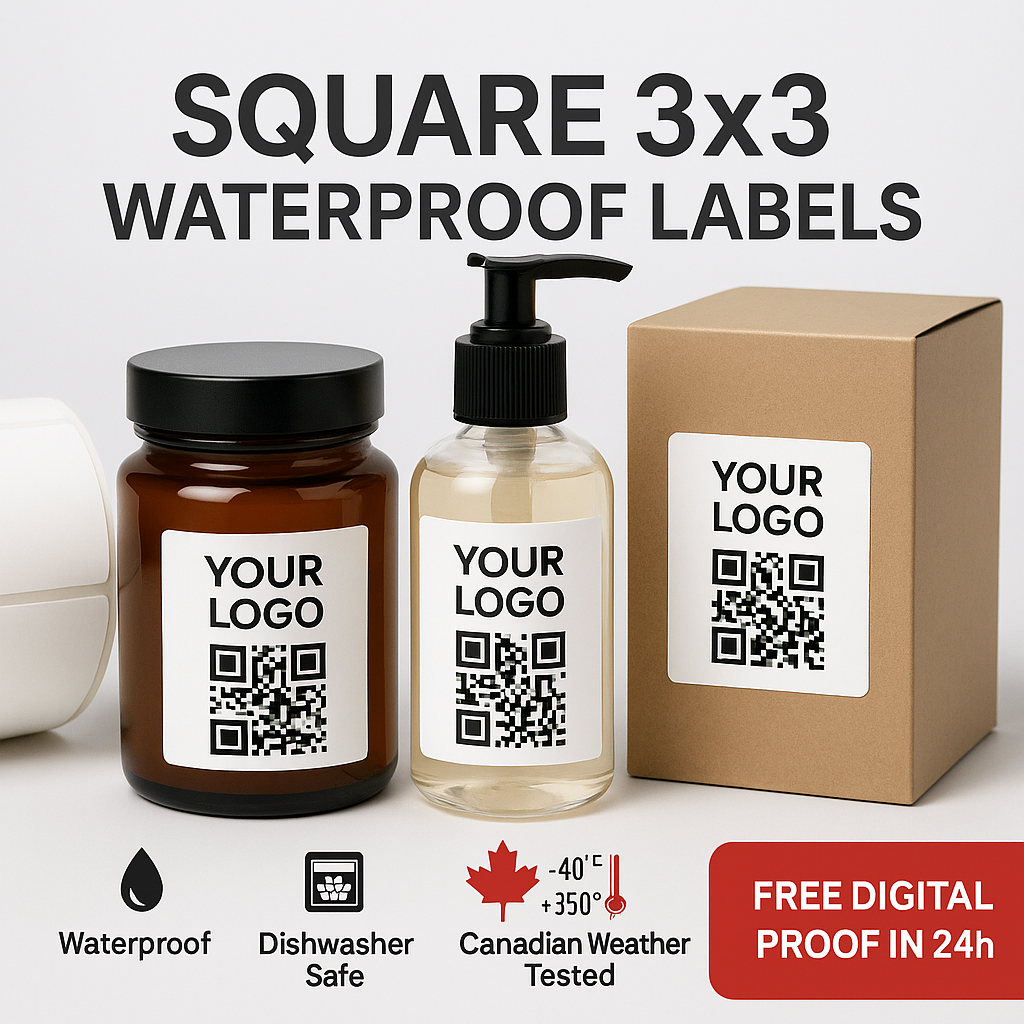 Square Waterproof Labels 3x3 Canada | Custom Color Auto-Cut Singles