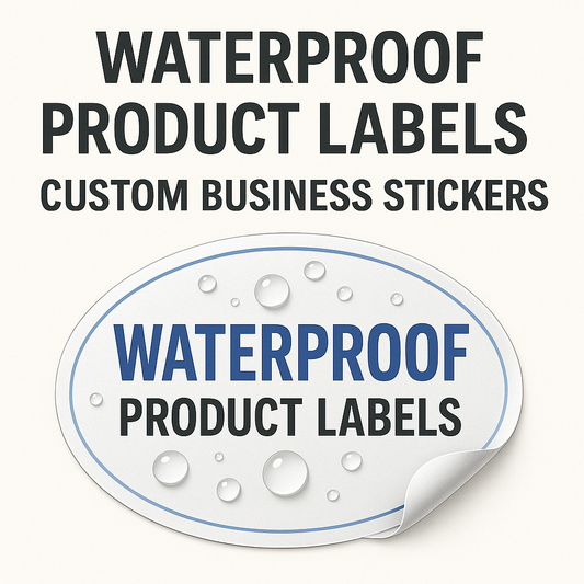 A collection of square and rectangle product labels in both matte and gloss finishes, showcasing various designs and colors, ideal for custom business stickers in Canada, emphasizing their waterproof quality and time-saving features for efficient labeling