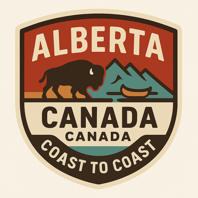 Alberta Canada badge featuring authentic Bison and Rocky Mountains design - Premium provincial pride collection