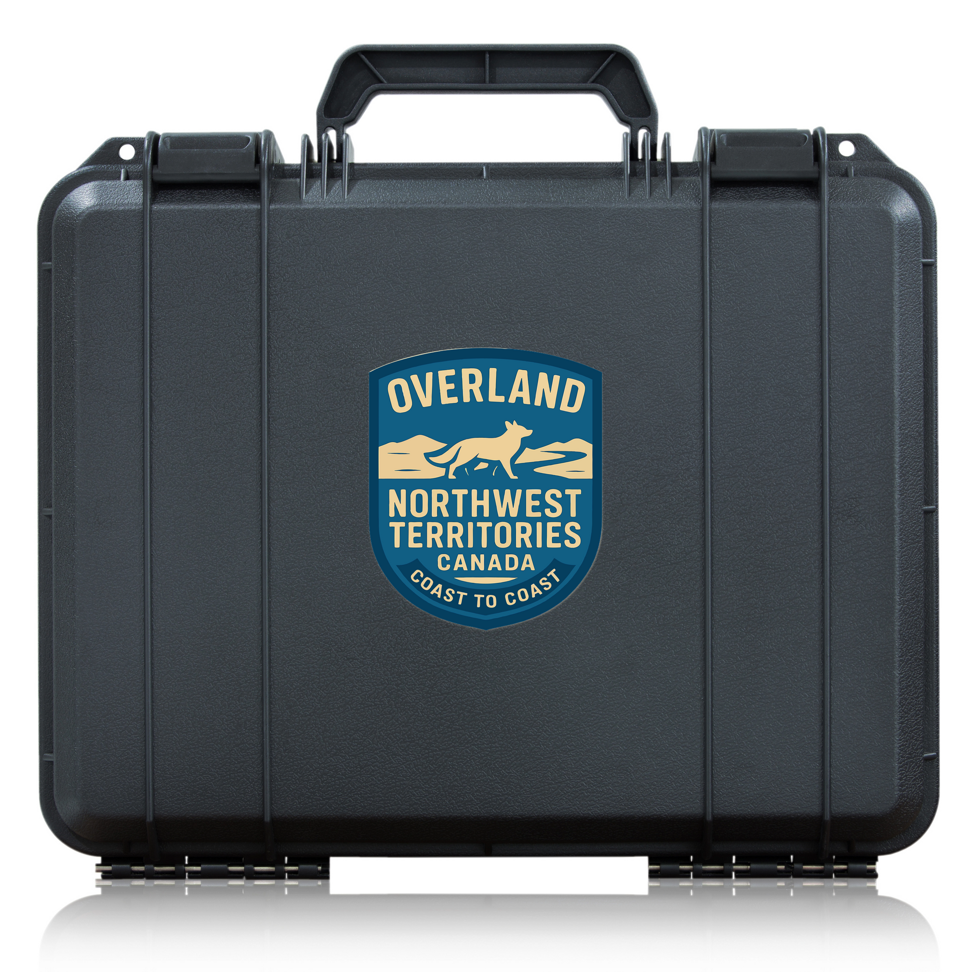 Olive green backpack decal featuring the OVERLAND NORTHWEST TERRITORIES CANADA emblem with a dog and wolf design, symbolizing wildlife and nature.