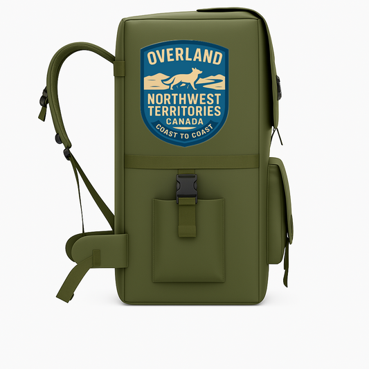 A durable backpack decal featuring the OVERLAND NORTHWEST TERRITORIES CANADA emblem with a dog and wolf design, symbolizing the region's wildlife.