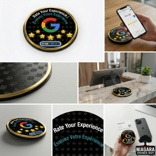 Gold NFC Google Review Stand buy gold custom google review badge button niagara region