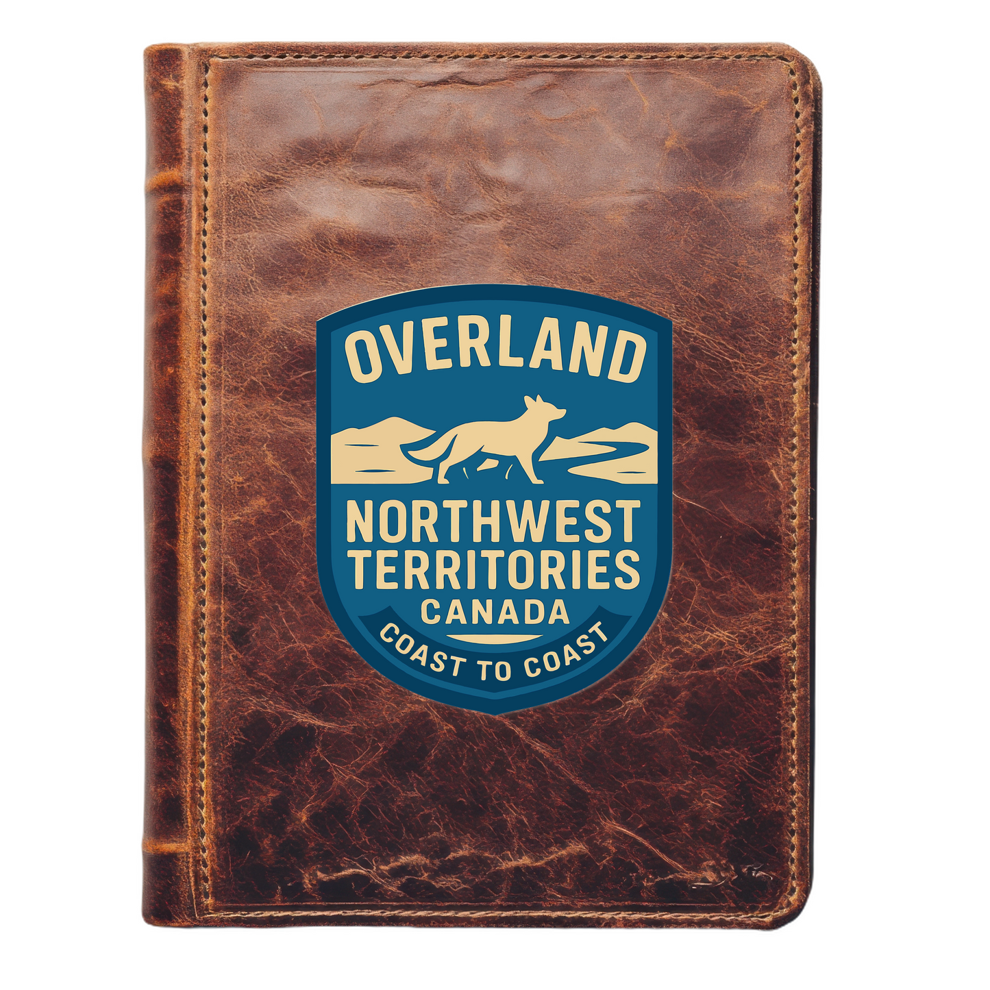 Olive green backpack decal featuring the OVERLAND NORTHWEST TERRITORIES CANADA emblem with a dog and wolf design, symbolizing wildlife and nature.