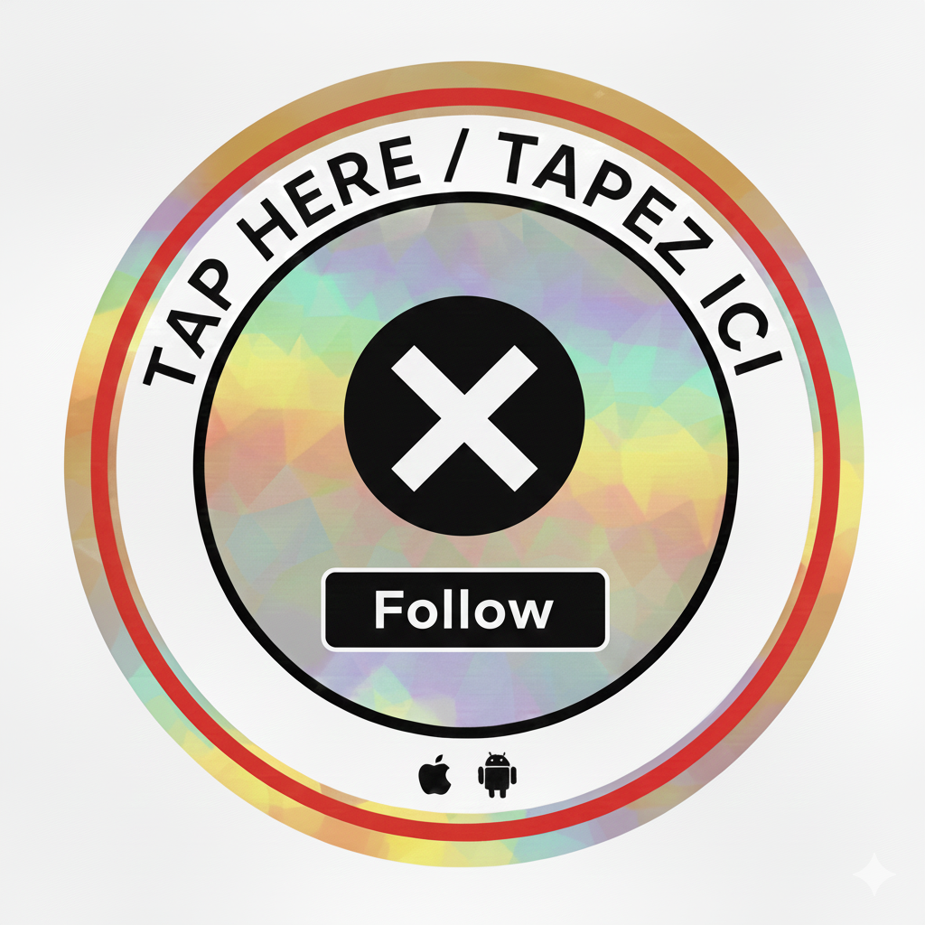 A compact, holographic NFC tap-to-review disc designed for bilingual use, featuring a shiny surface that reflects light, with clear "Tap Here" instructions, enabling English and French-speaking customers to quickly access Google reviews, ideal for Canadia