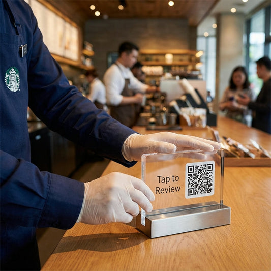 Professional technician installing NFC Google review system at Niagara storefront, white-glove service demonstration with counter placement and window decal positioning for businesses