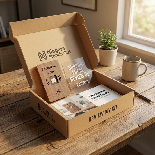 NFC tap-to-review card and QR code table stand kit for collecting Google reviews, featuring gold and black branding, designed for Canadian small business countertops and checkout areas