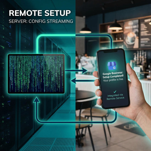 Remote video call setup screen showing NFC review system training session, technician demonstrating tap-to-review configuration for Canadian business owners via virtual installation