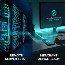 Remote video call setup screen showing NFC review system training session, technician demonstrating tap-to-review configuration for Canadian business owners via virtual installation