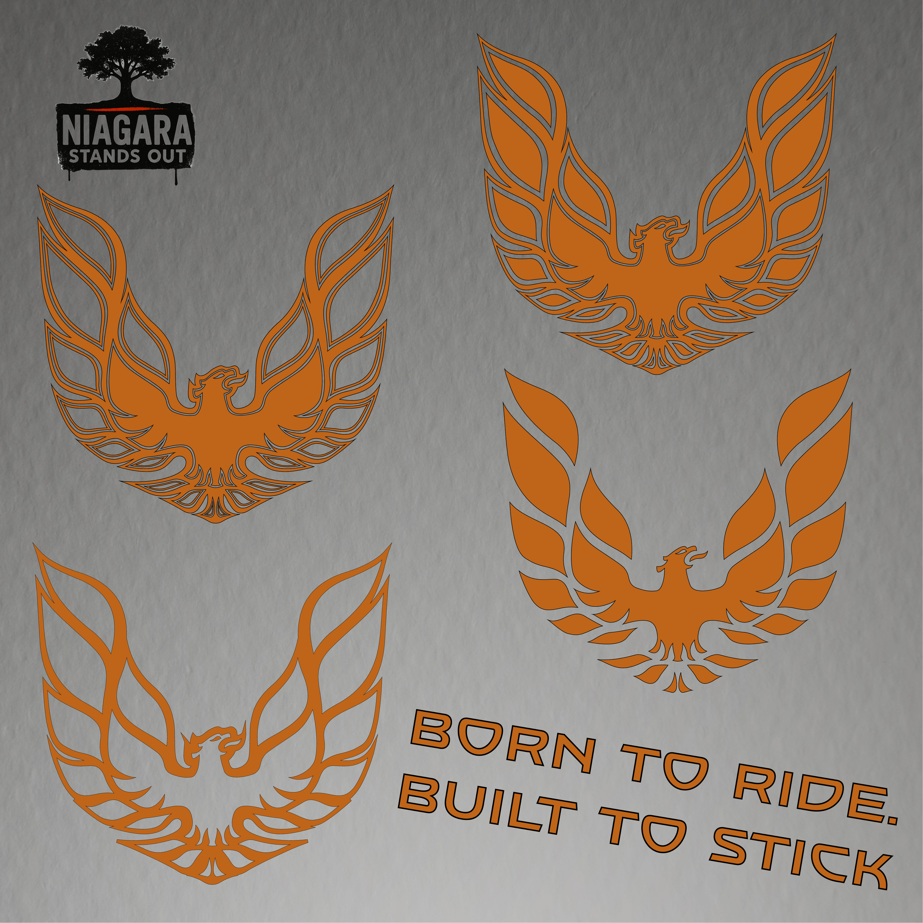 Orange eagle vinyl decal in flight above black tree silhouette with 'Niagara Stands Out' text for RV or car exterior