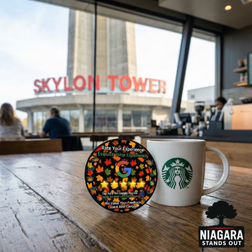 Google Review NFC Coaster skylon tower cafe table google review button niagara falls