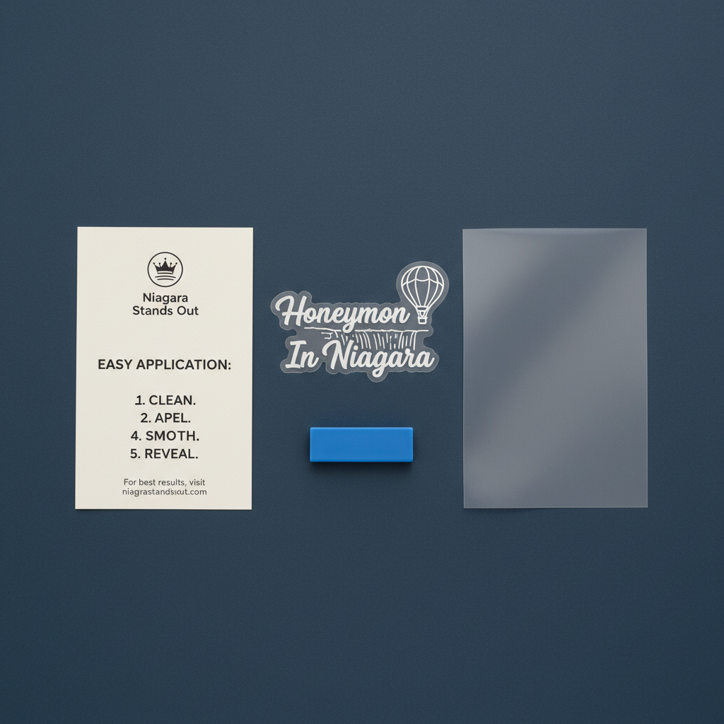 "Honeymoon in Niagara" Luggage Sticker package — vinyl decal, transfer tape, squeegee, application guide included