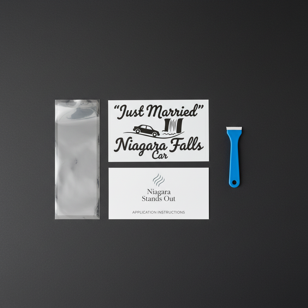 "Just Married" Niagara Falls Car Decal package — vinyl decal, transfer tape, squeegee, application guide included