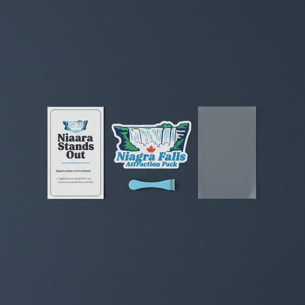 Niagara Falls Attraction Sticker Pack package — vinyl decal, transfer tape, squeegee, application guide included
