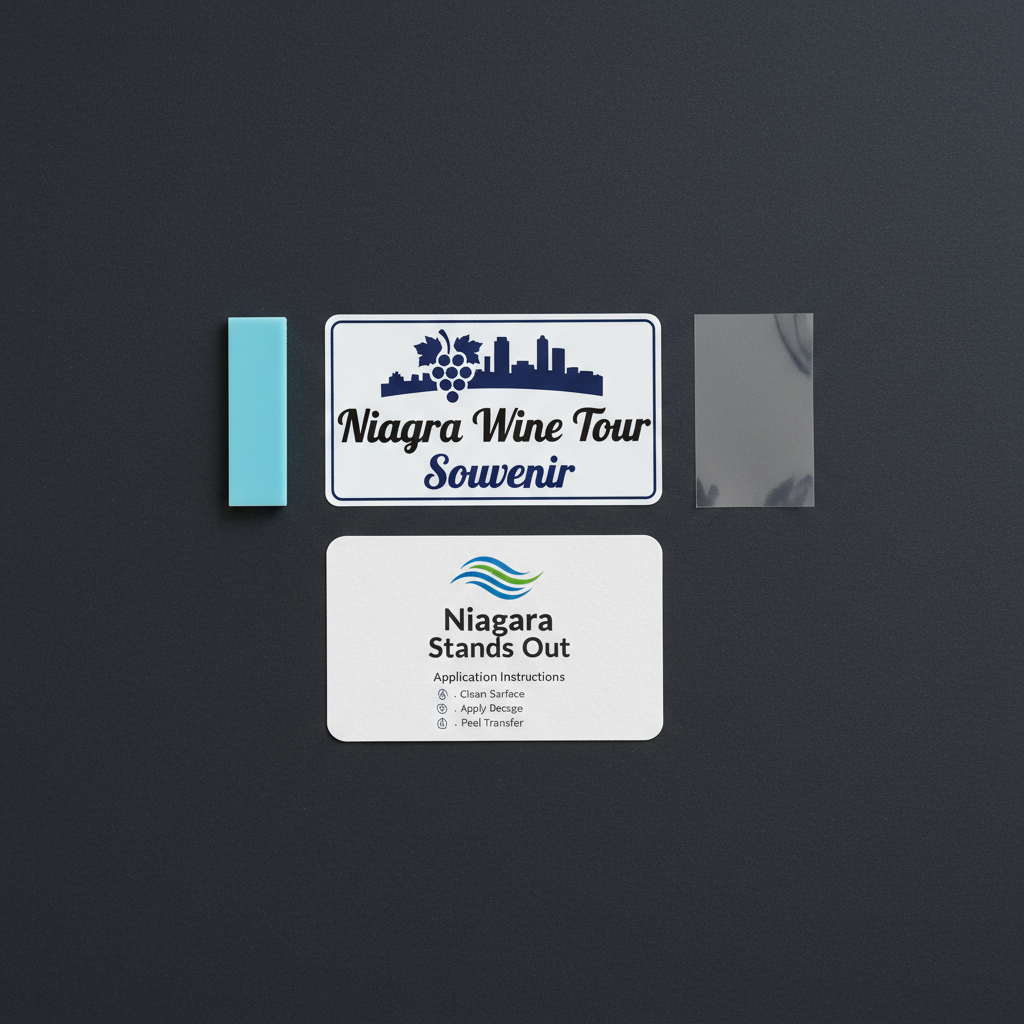 Niagara Wine Tour Souvenir Sticker package — vinyl decal, transfer tape, squeegee, application guide included