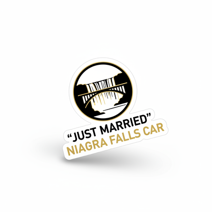 "Just Married" Niagara Falls Car Decal — waterproof vinyl sticker, Made in Canada, 7-Year Guarantee