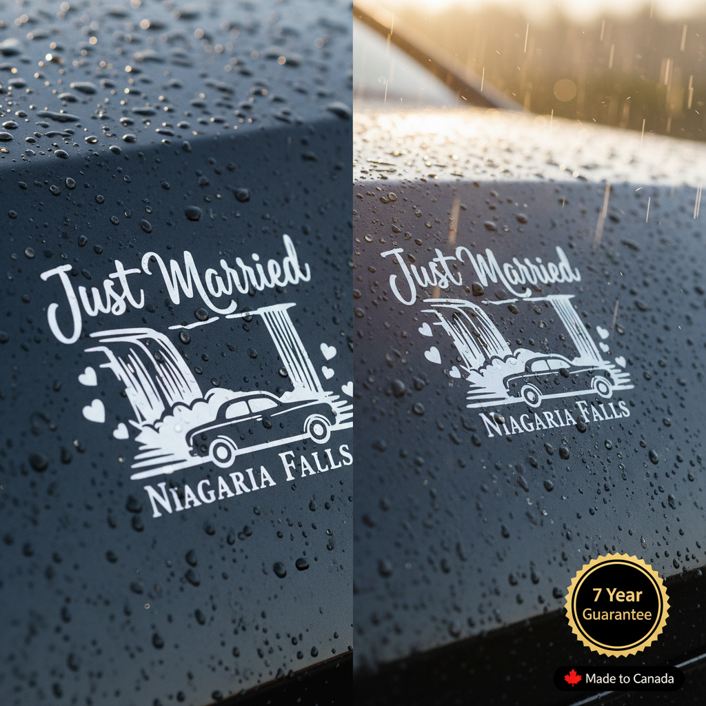 "Just Married" Niagara Falls Car Decal — UV-resistant, waterproof, 7-Year Guarantee, Made in Canada