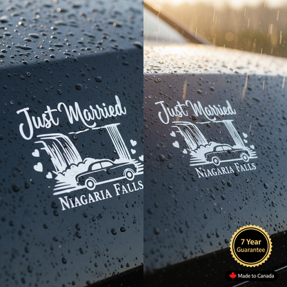 "Just Married" Niagara Falls Car Decal — UV-resistant, waterproof, 7-Year Guarantee, Made in Canada