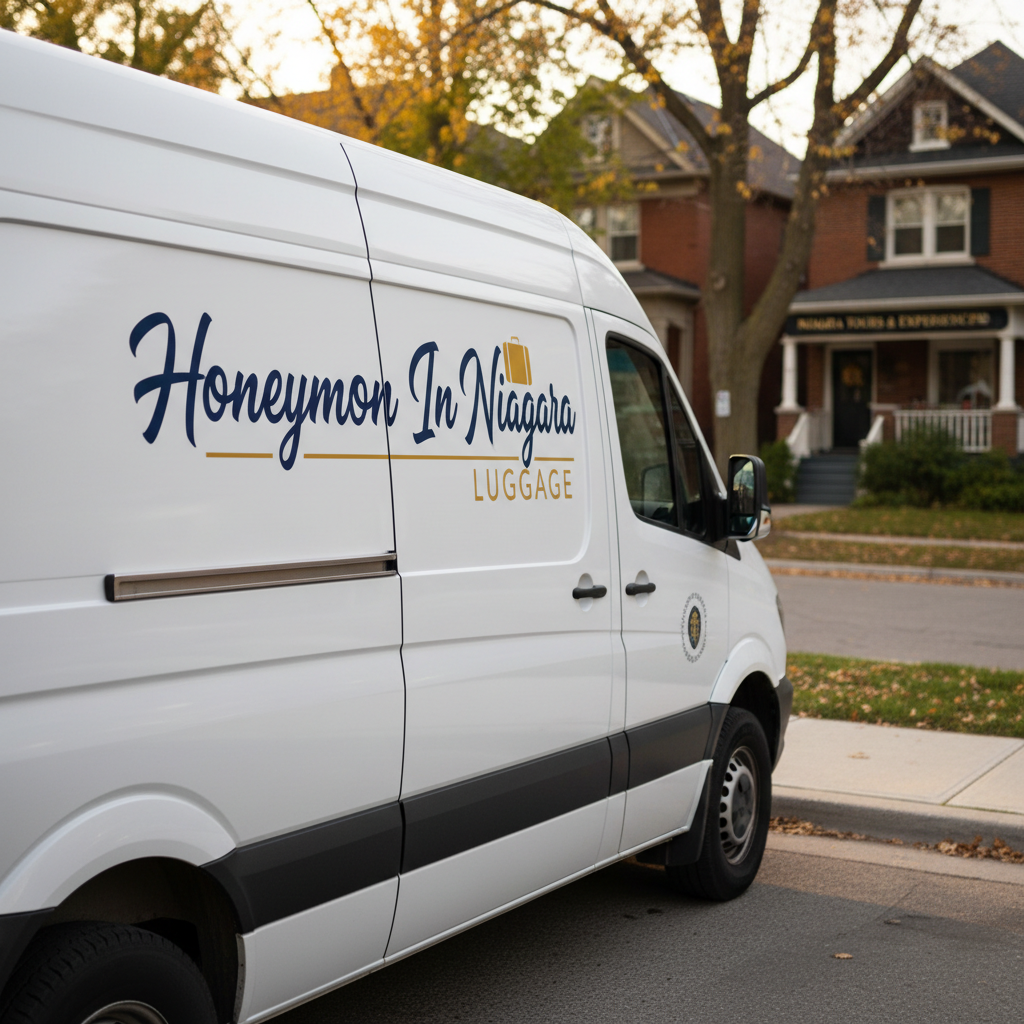 "Honeymoon in Niagara" Luggage Sticker applied to service vehicle — professional branding, Niagara Region Ontario