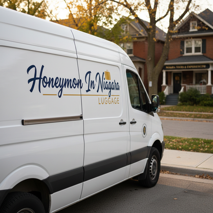 "Honeymoon in Niagara" Luggage Sticker applied to service vehicle — professional branding, Niagara Region Ontario