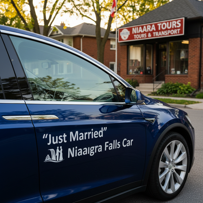 "Just Married" Niagara Falls Car Decal applied to service vehicle — professional branding, Niagara Region Ontario