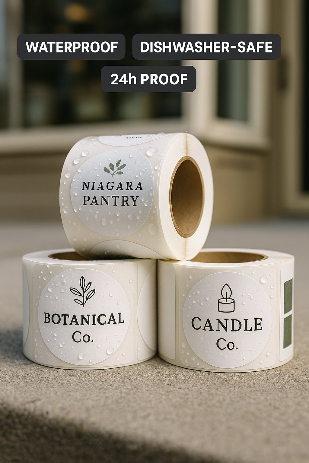 Waterproof Roll Labels — Matte, 100% Waterproof (2×2, 3×3, 4×4) Niagara Stands Out