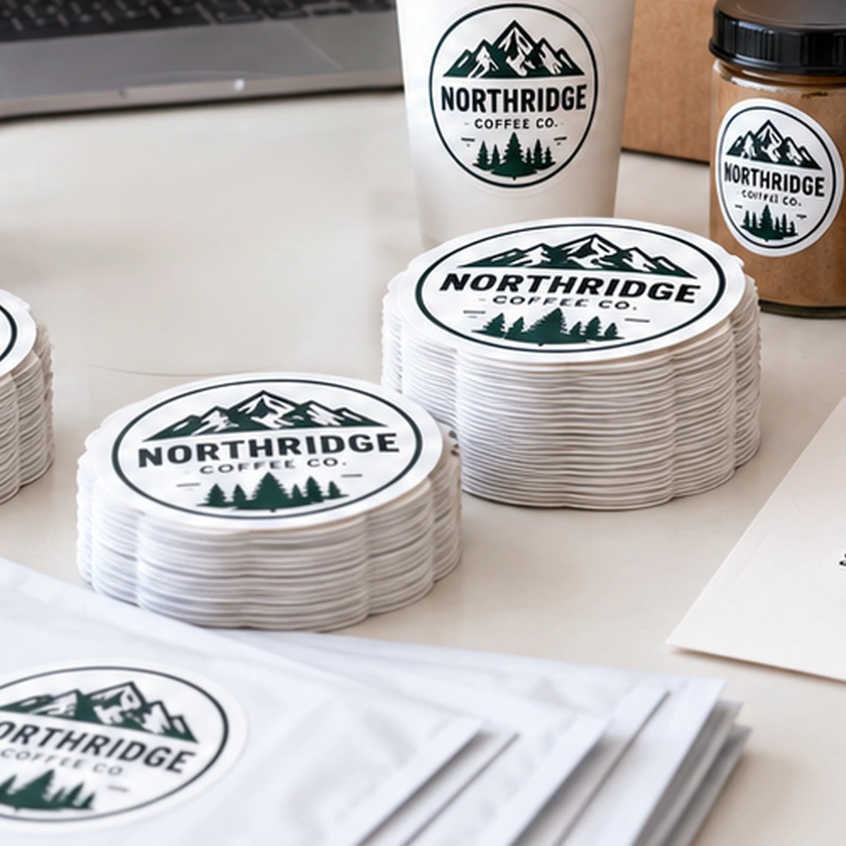 Stacks of round custom logo stickers beside a cup, jar and mailers carrying the same logo