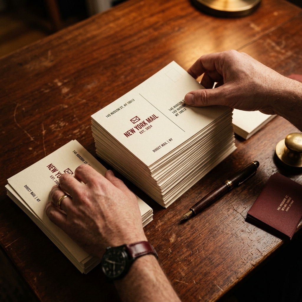 Editorial postcards fanned across a mahogany desk — the starter test campaign.
